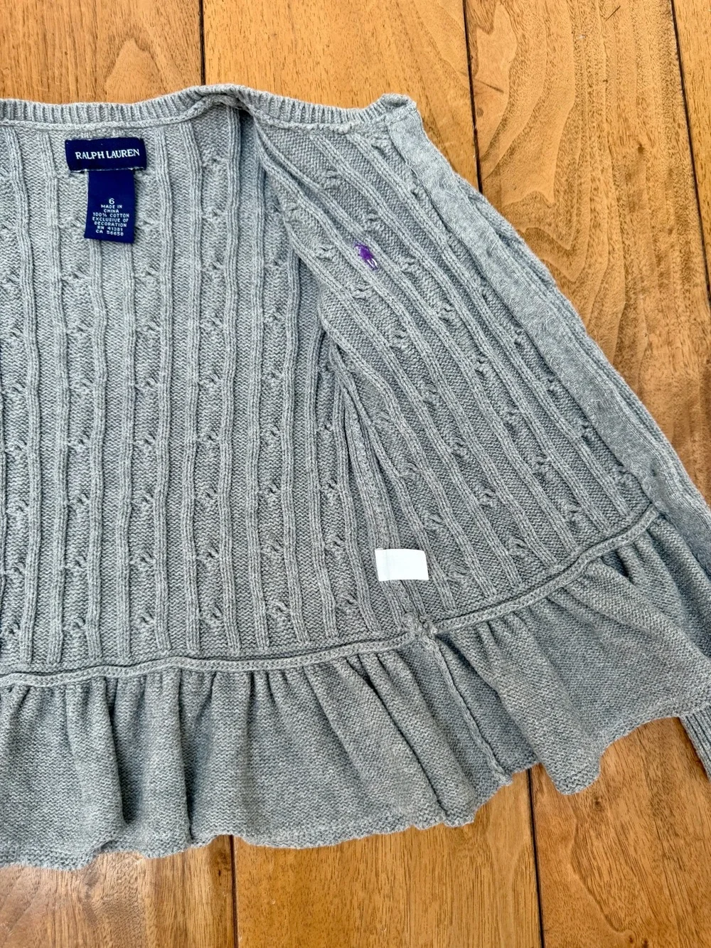 Ralph Lauren Girls Cable Knit Peplum Cardigan Gray Purple Pony Size 6 Cotton